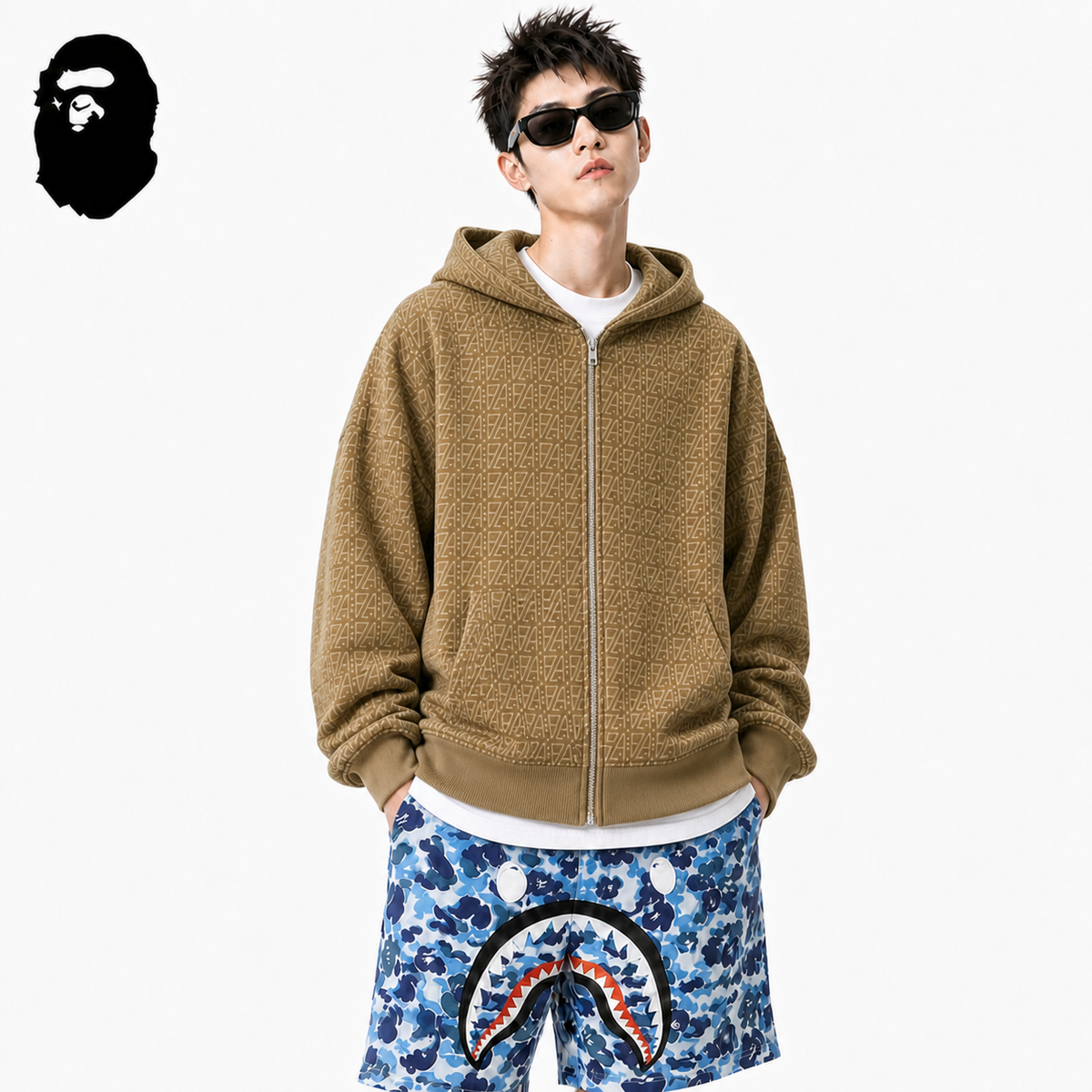 BAPE Logo Color Camo Shark Zip Hoodie - Khaki