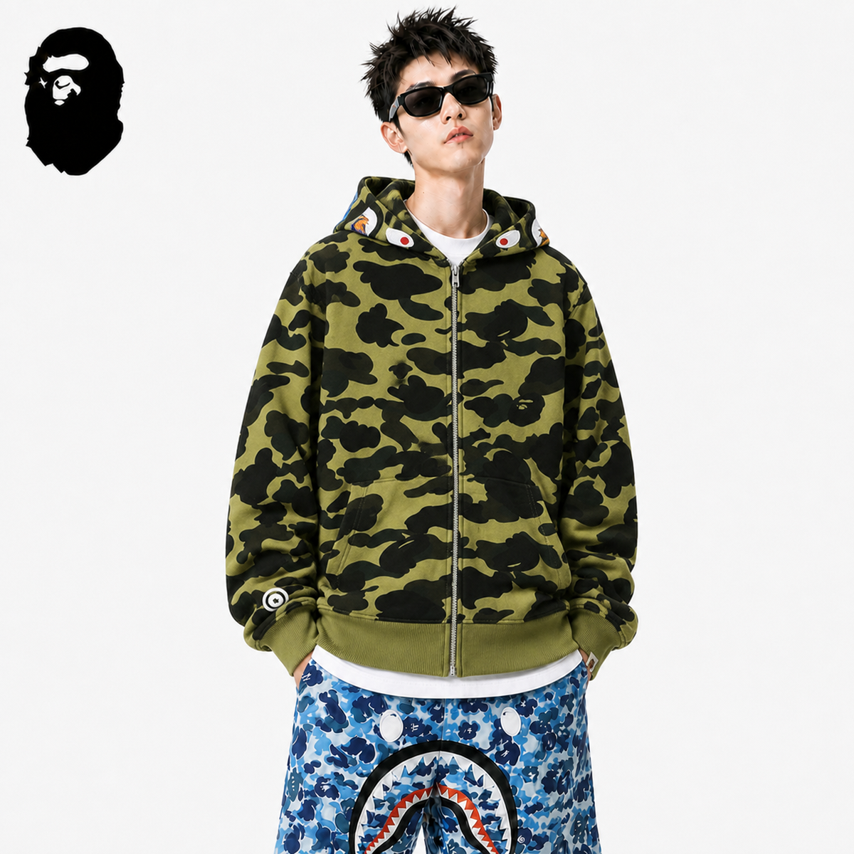 BAPE Green Camo Shark Hoodie