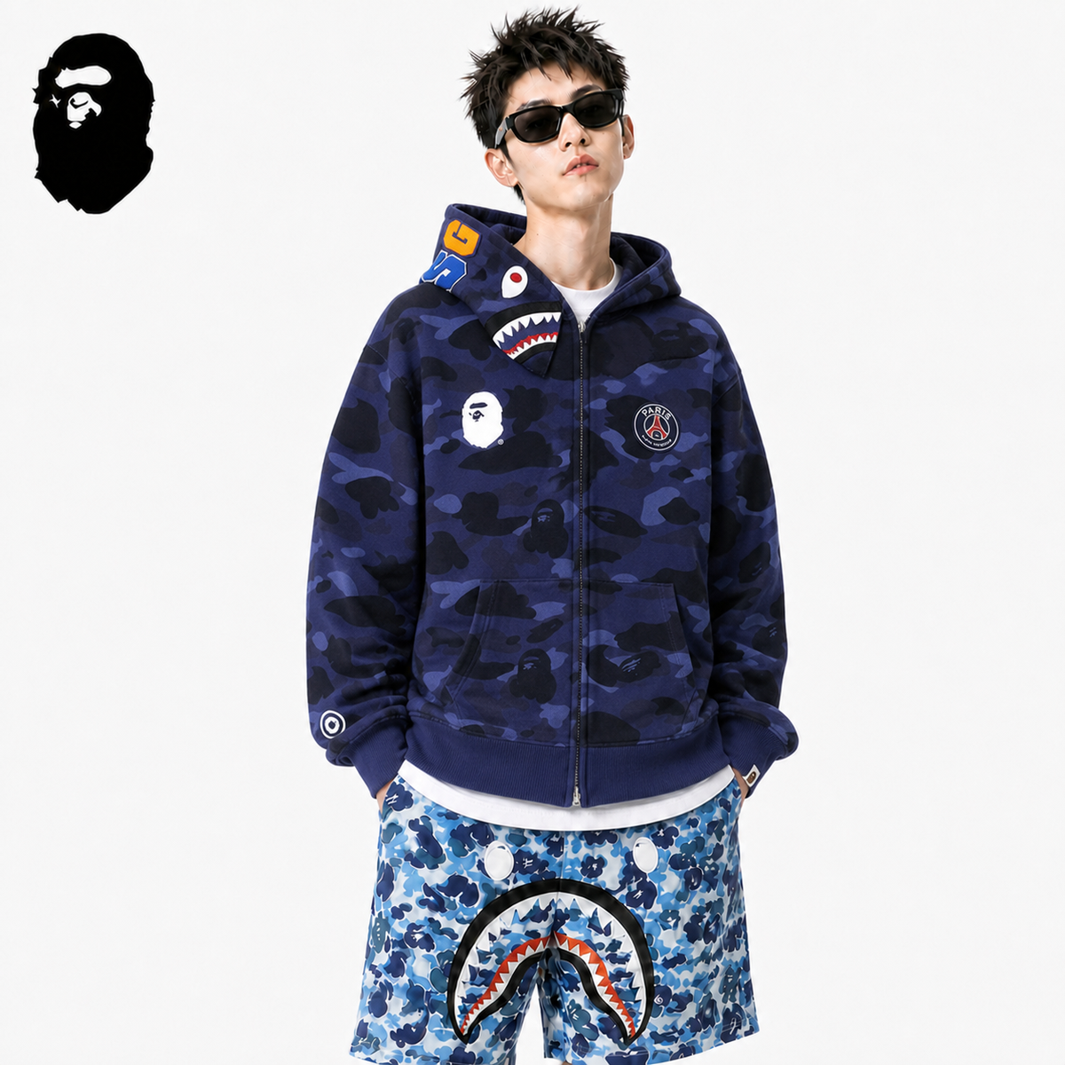 BAPE Navy Blue Camo Shark Hoodie