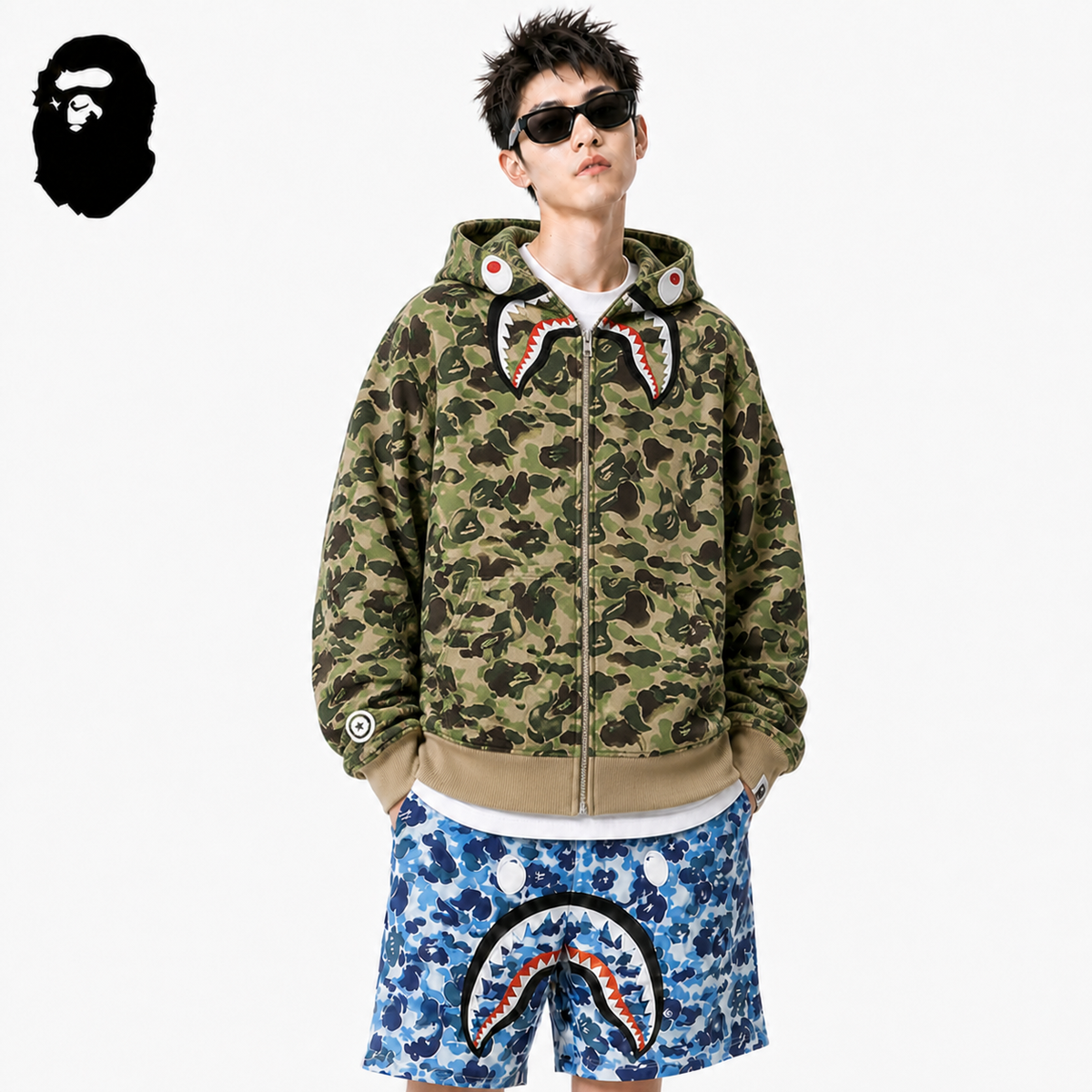 BAPE ABC Camo Shark Hoodie - Green & Grey