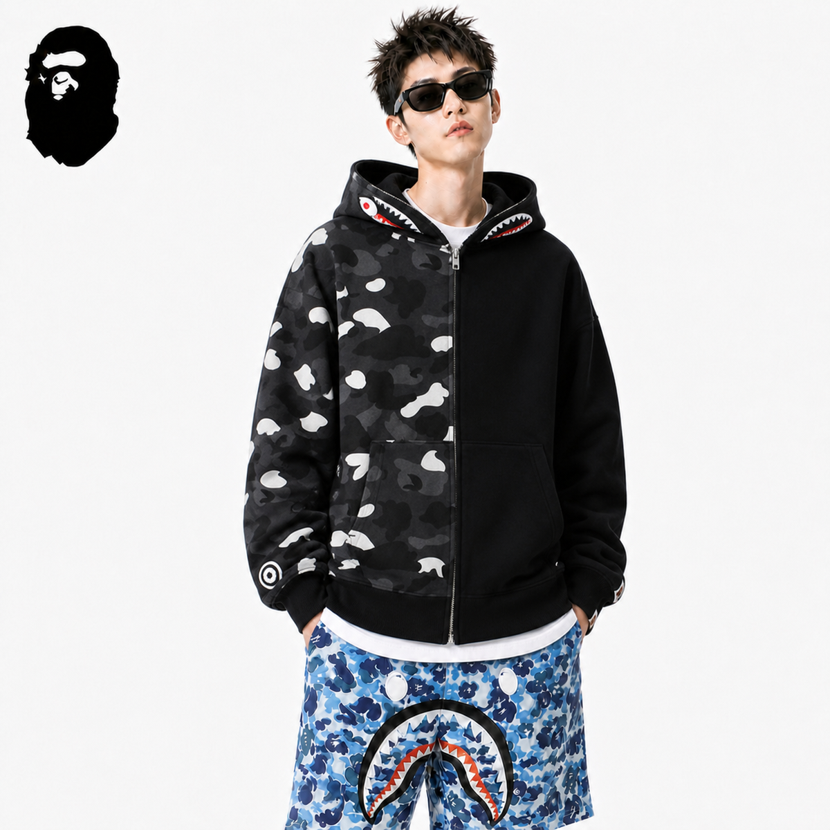BAPE Fluorescent Split Camo Shark Zip Hoodie