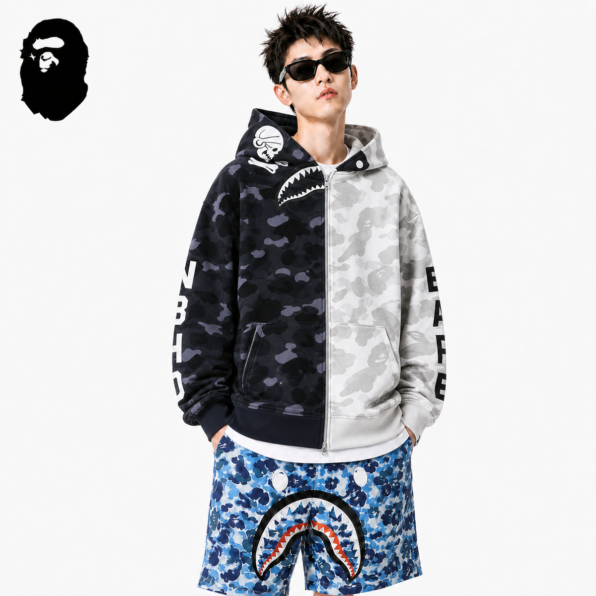 BAPE Black & White Split Shark Zip Hoodie