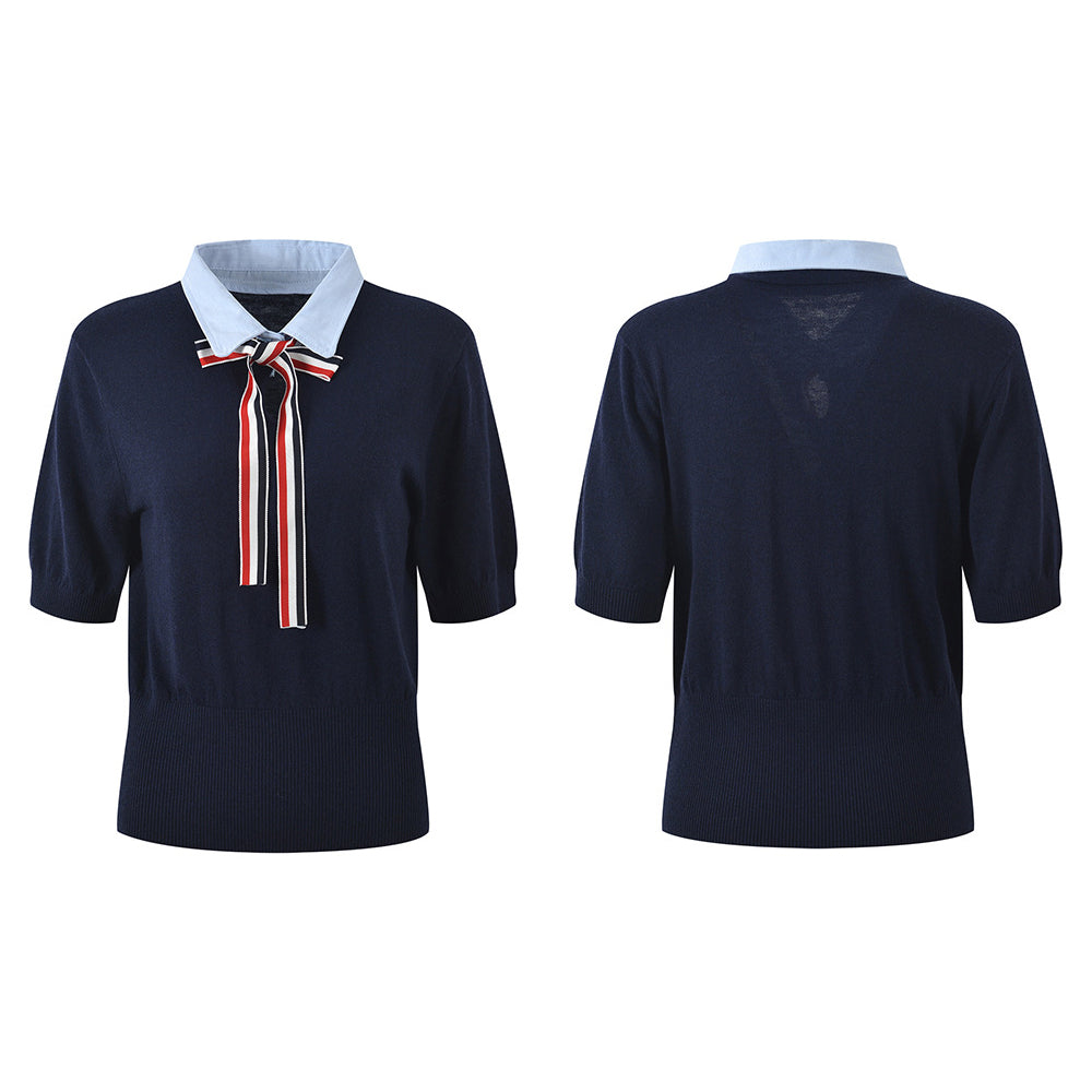 Thom Browne Women's V-Neck Ribbed Knit Short Sleeve Top
