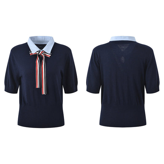 Thom Browne Women's V-Neck Ribbed Knit Short Sleeve Top