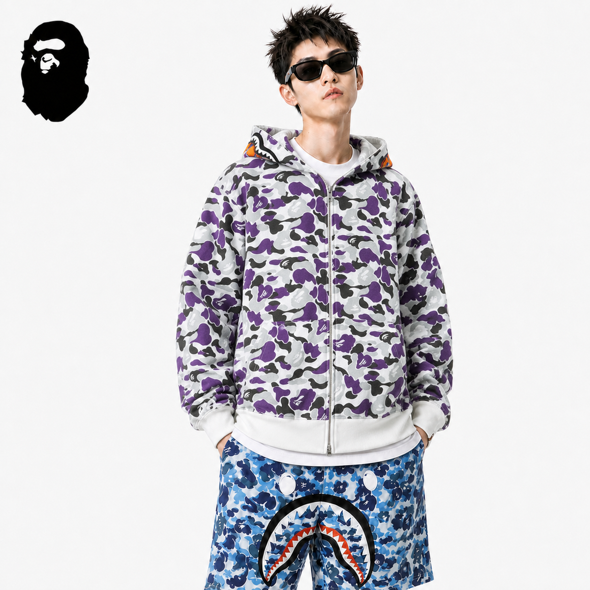 BAPE Purple Camo Double-Hood Shark Zip Hoodie