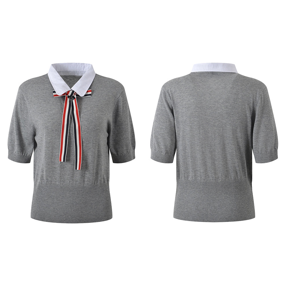 Thom Browne Women's V-Neck Ribbed Knit Short Sleeve Top