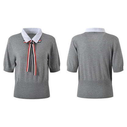 Thom Browne Women's V-Neck Ribbed Knit Short Sleeve Top