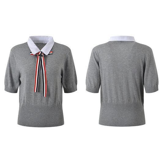 Thom Browne Women's V-Neck Ribbed Knit Short Sleeve Top