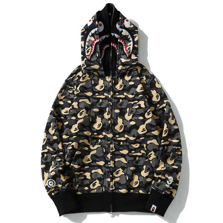 BAPE Black Camo Double-Hood Shark Zip Hoodie