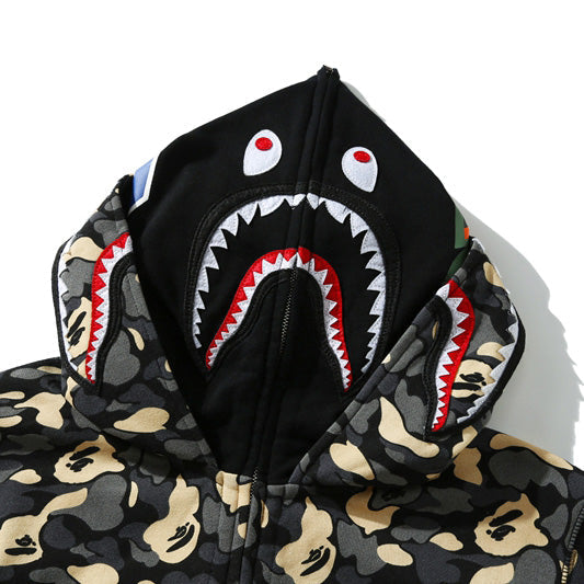 BAPE Black Camo Double-Hood Shark Zip Hoodie