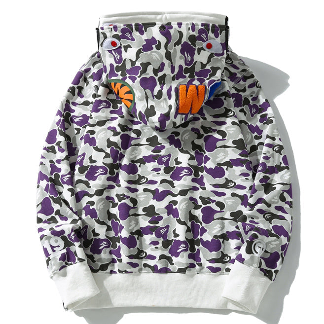 BAPE Purple Camo Double-Hood Shark Zip Hoodie