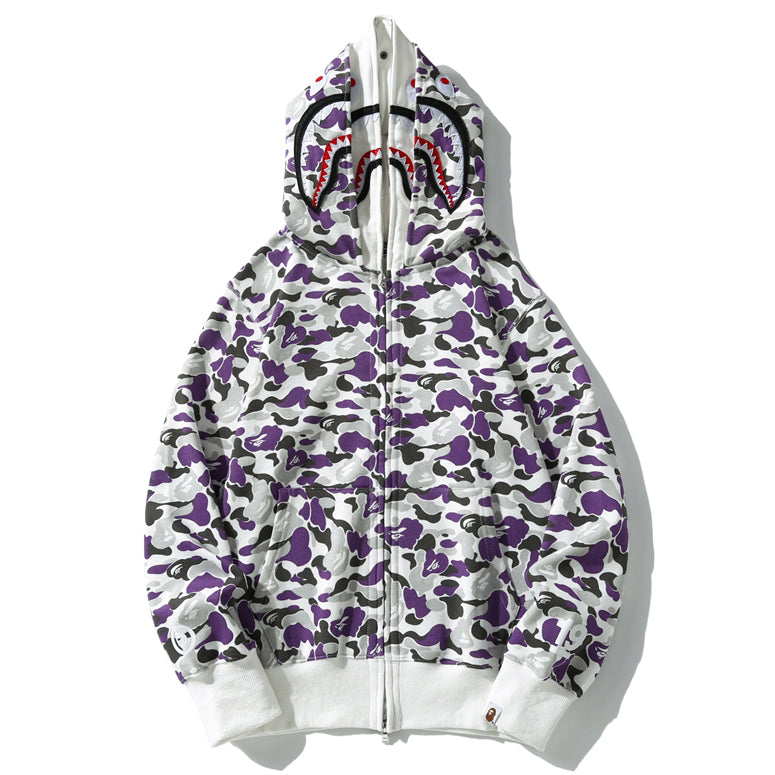 BAPE Purple Camo Double-Hood Shark Zip Hoodie