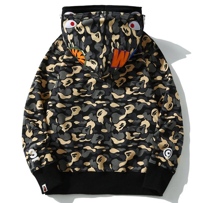 BAPE Black Camo Double-Hood Shark Zip Hoodie
