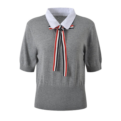 Thom Browne Women's V-Neck Ribbed Knit Short Sleeve Top