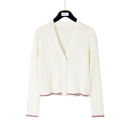 Spring Summer Pure Cotton Contrast Lapel Cardigan