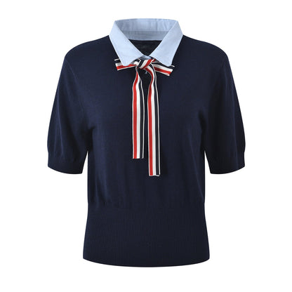 Thom Browne Women's V-Neck Ribbed Knit Short Sleeve Top