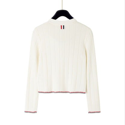 Spring Summer Pure Cotton Contrast Lapel Cardigan