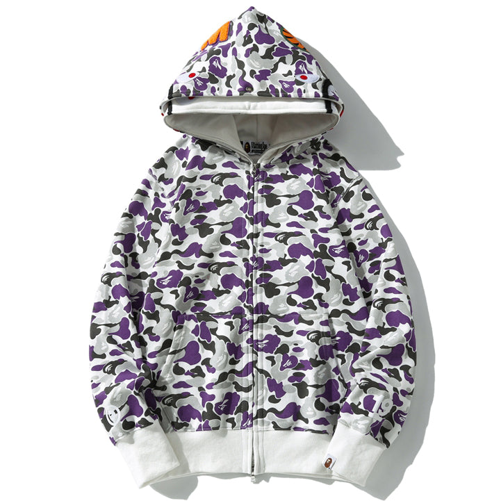 BAPE Purple Camo Double-Hood Shark Zip Hoodie